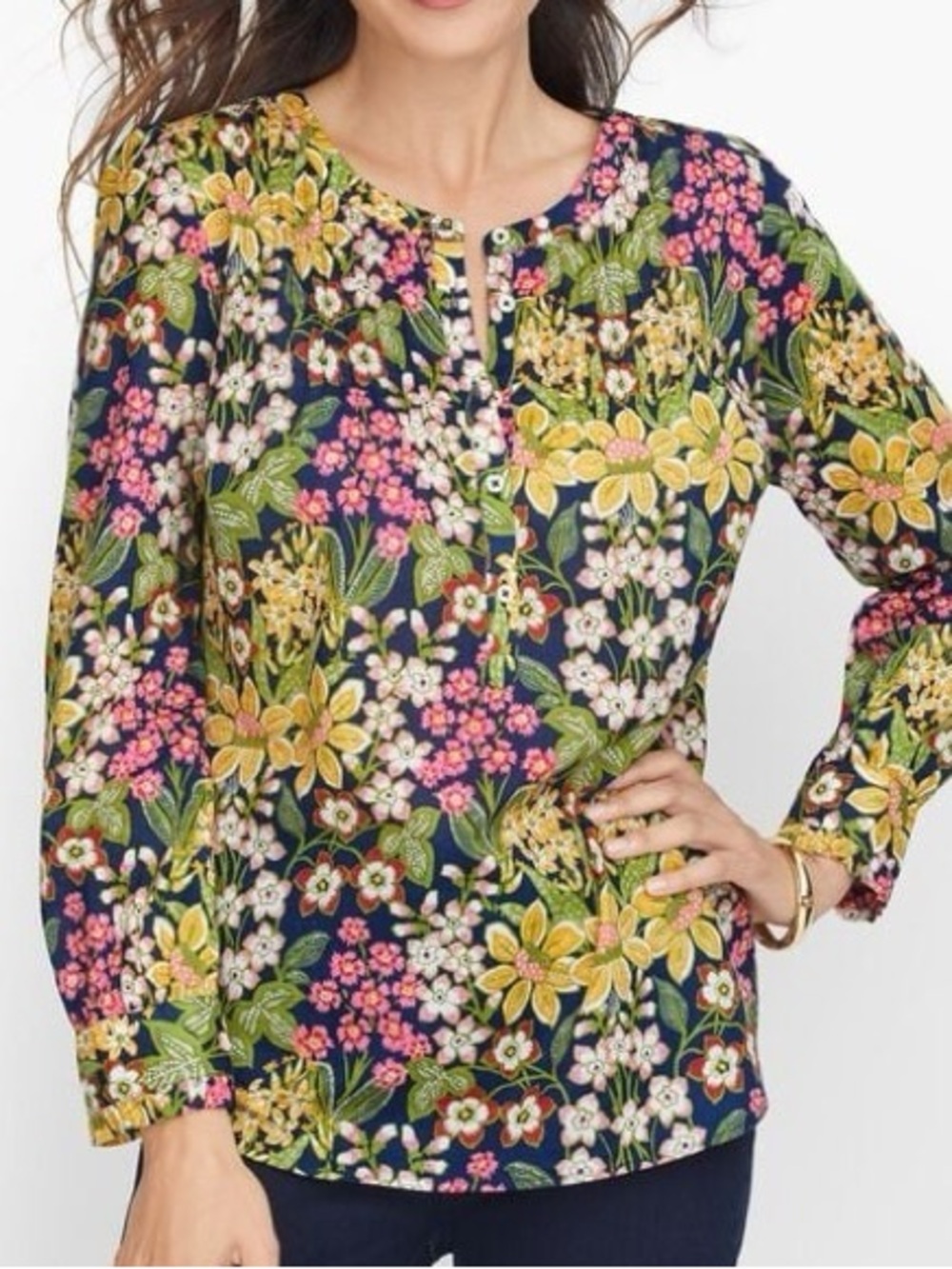 Talbots Floral Button Up Top 3X Ruffle Pleated Feminine Long Sleeve Cotton Boho